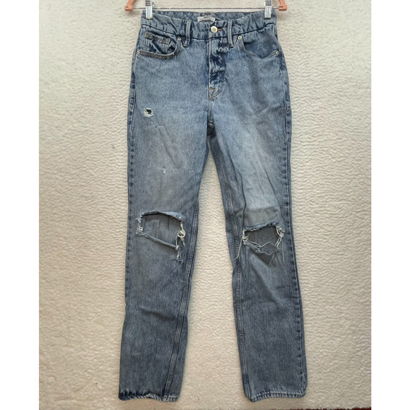 Good American Jeans Womens 4 Blue Good 90s Icon Distressed Straight High Rise - Picture 1 of 12